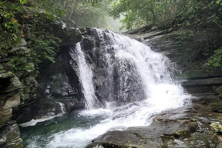Malerischer Blick auf einen kraftvollen Wasserfall, der in ein klares Becken fließt